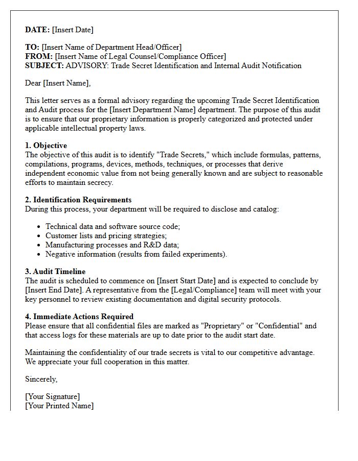Trade Secret Identification and Audit Advisory Letter