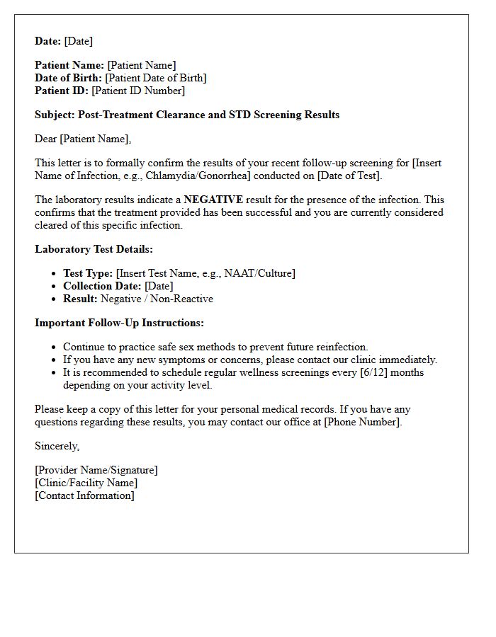 Post-Treatment Clearance Sexually Transmitted Disease Screening Results Letter