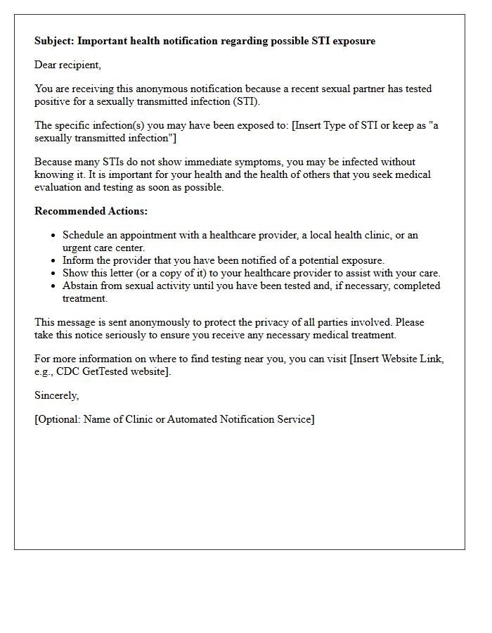 Anonymous Partner Notification Sexually Transmitted Disease Screening Results Letter
