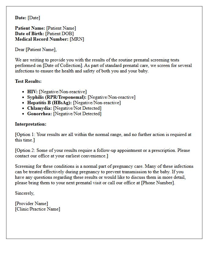 Prenatal Panel Sexually Transmitted Disease Screening Results Letter