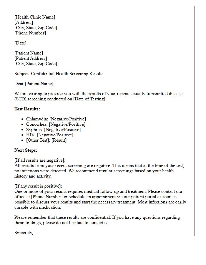 General Health Wellness Sexually Transmitted Disease Screening Results Letter