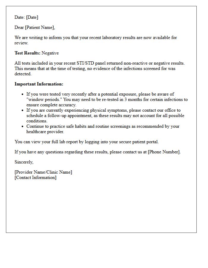 Secure Patient Letter For Negative STD Panel Results