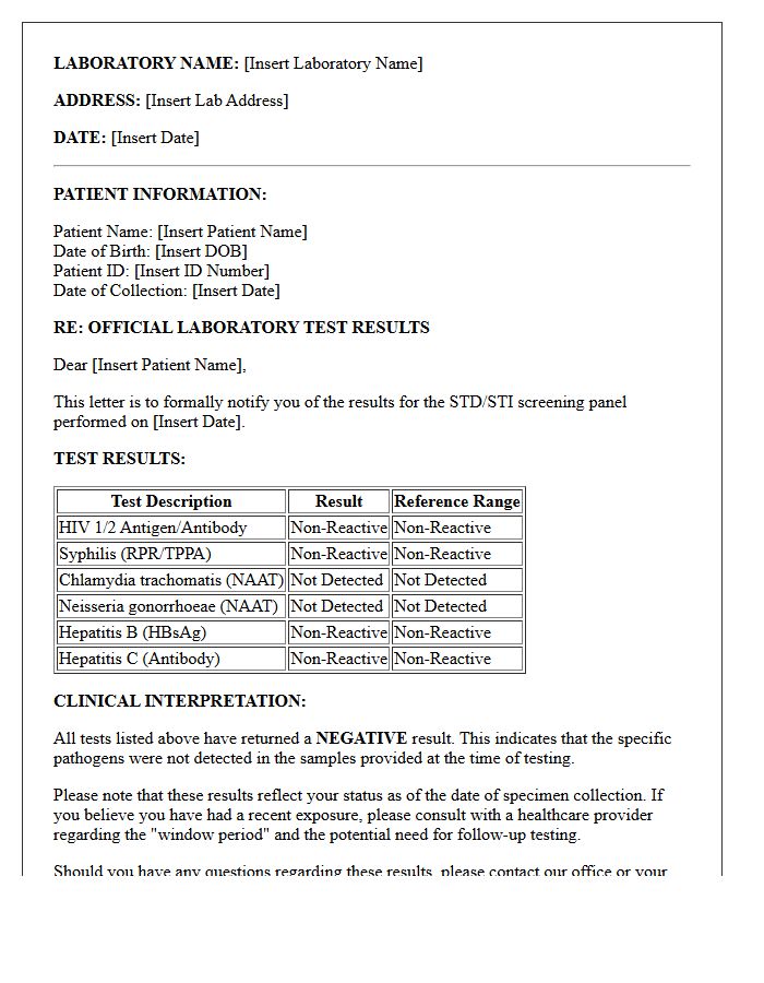 Official Laboratory Negative STD Panel Results Letter