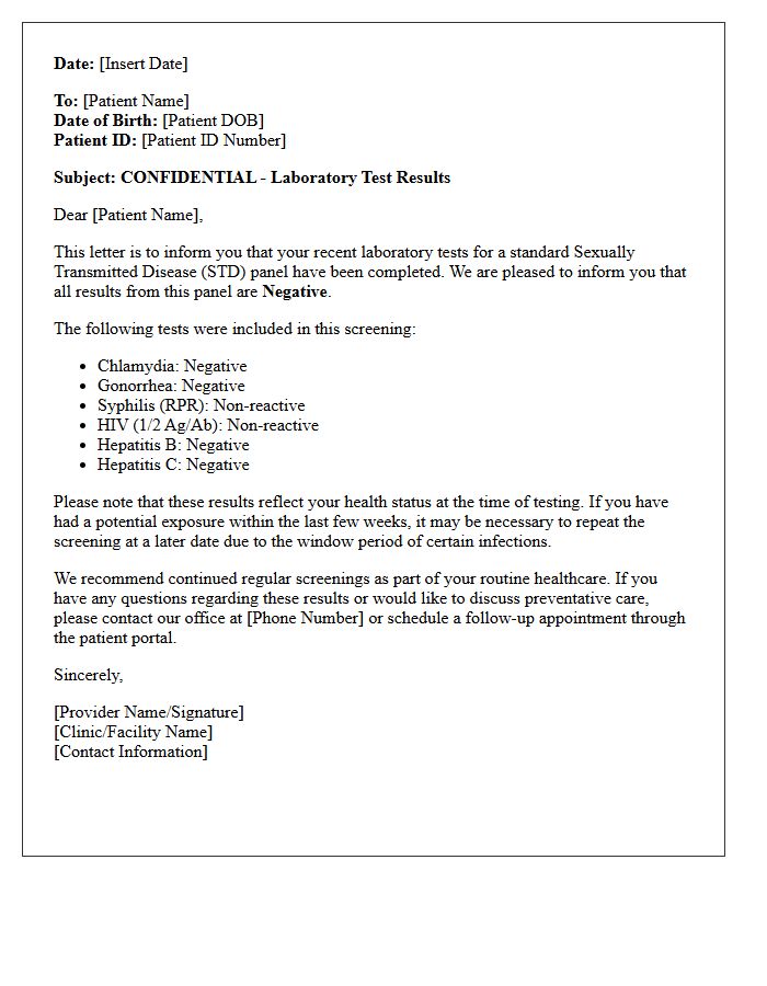 Clear Health Status Negative STD Panel Letter