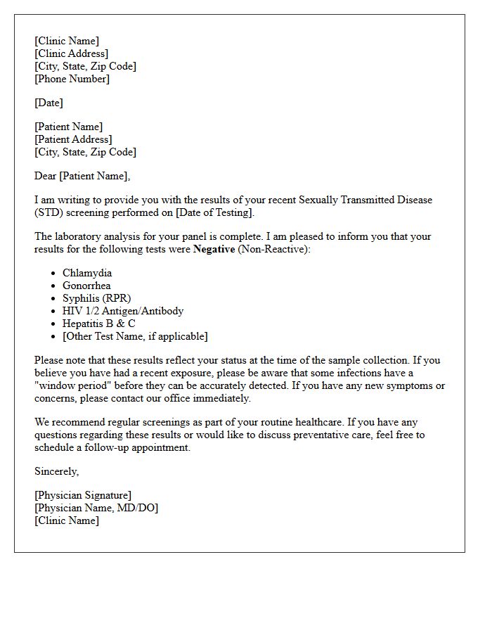 Physician Certified Negative STD Panel Results Letter