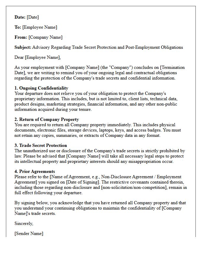 Departing Employee Trade Secret Protection Advisory Letter
