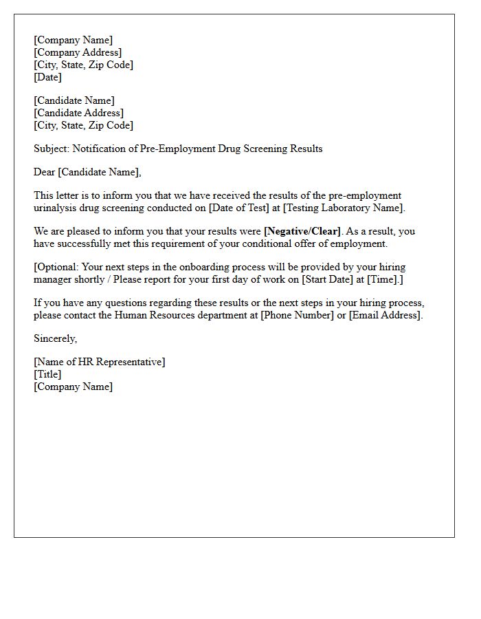 Pre-Employment Urinalysis Results Notification Letter