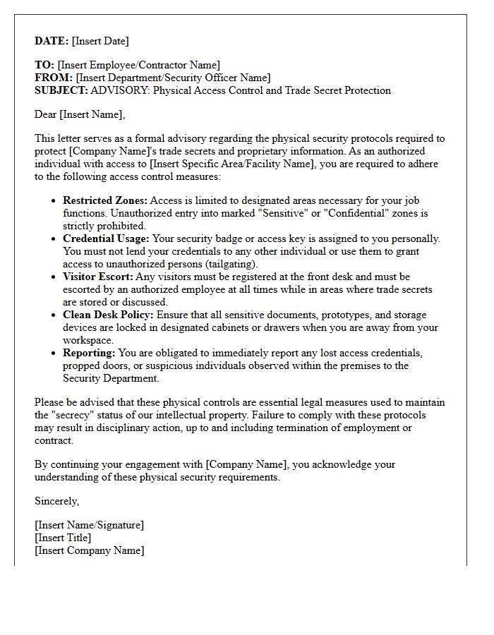Physical Premise Trade Secret Access Control Advisory Letter