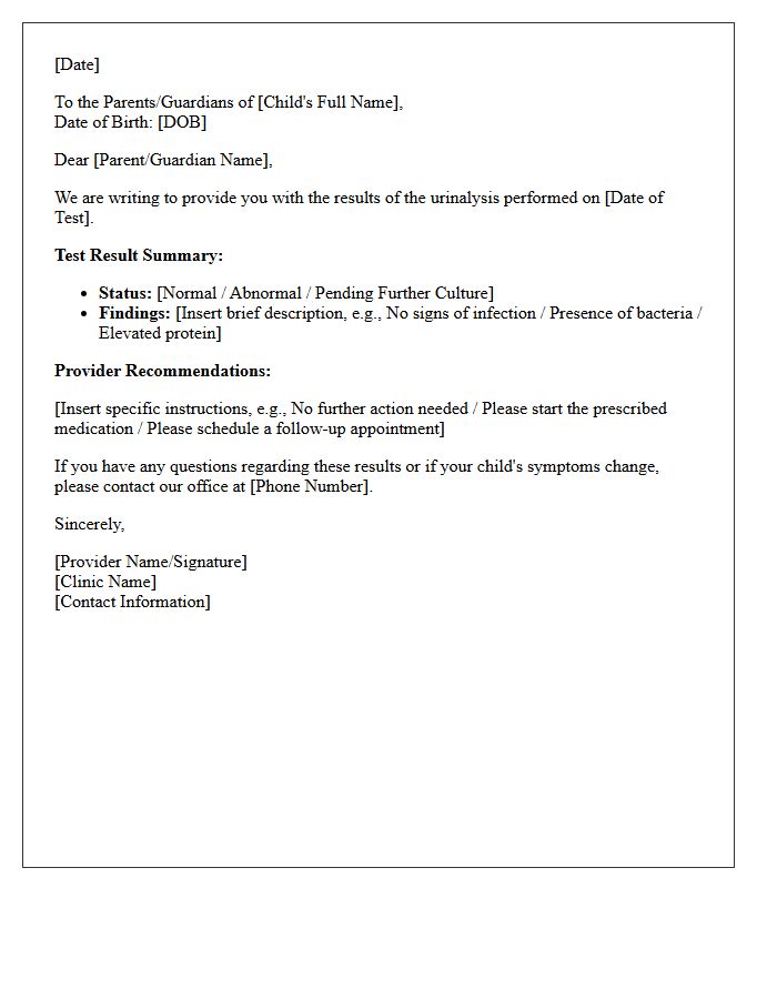 Pediatric Urinalysis Results Notification Letter