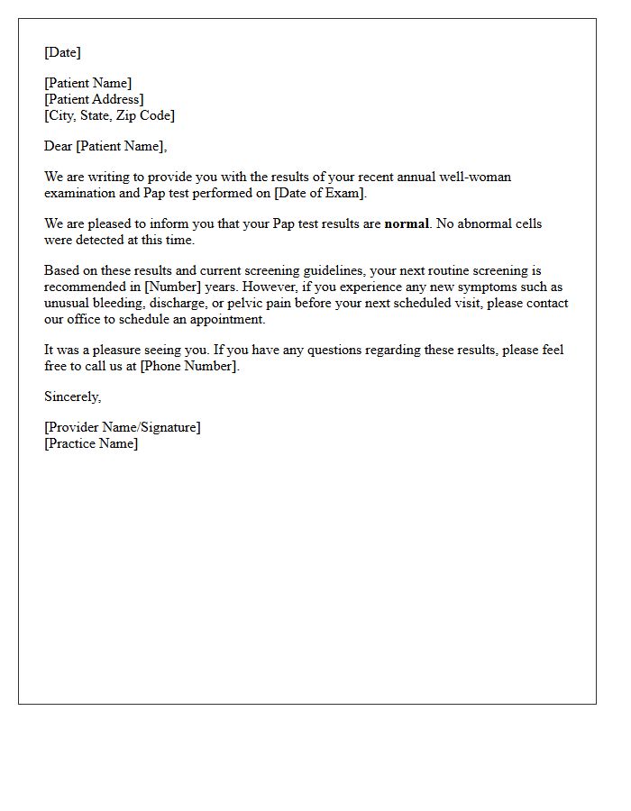 Annual Well-Woman Exam Normal Pap Letter