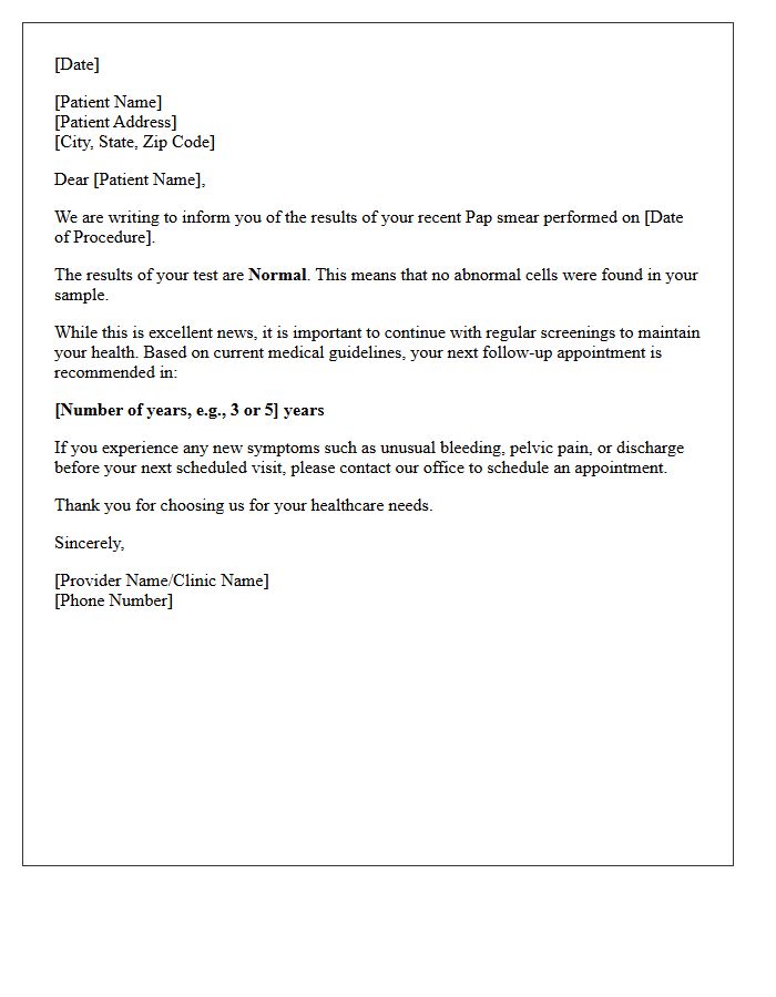 Normal Pap Smear Result and Follow-Up Letter