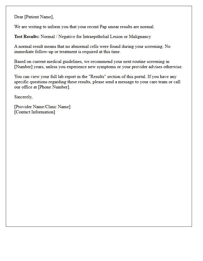 Patient Portal Normal Pap Smear Notification Letter