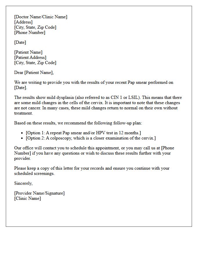 Mild Dysplasia Pap Smear Follow-Up Letter
