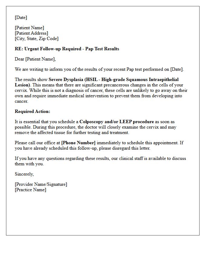 Severe Dysplasia Pap Smear Action Letter