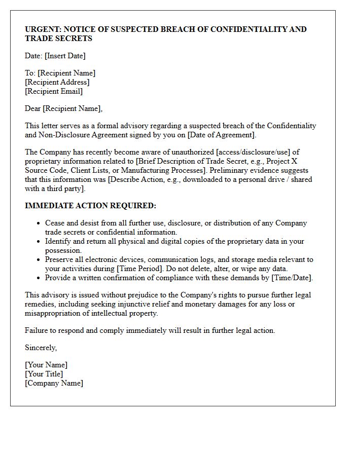 Suspected Trade Secret Breach Immediate Action Advisory Letter
