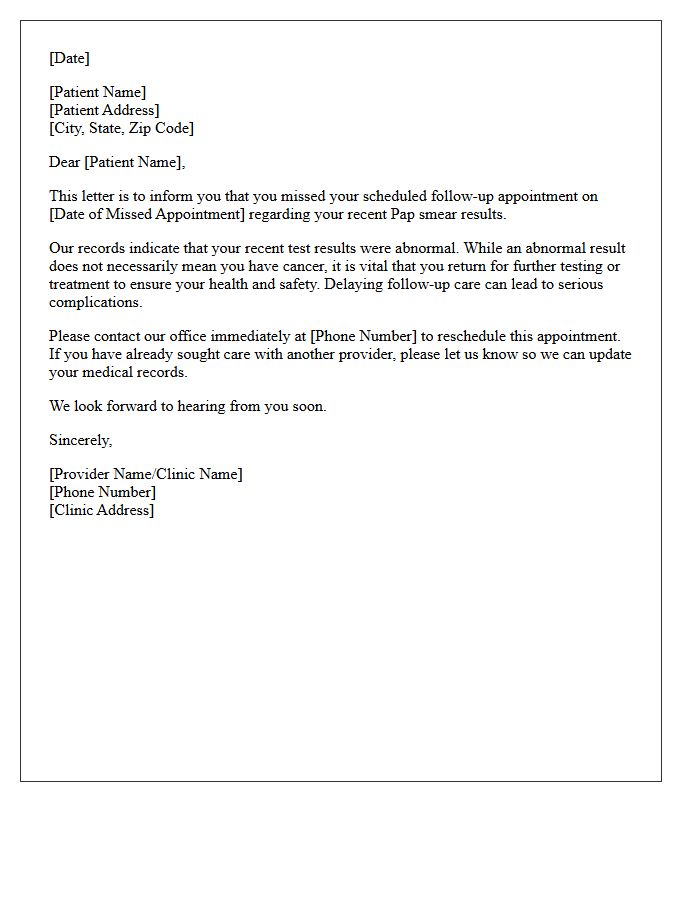 Abnormal Pap Smear Missed Appointment Reminder Letter
