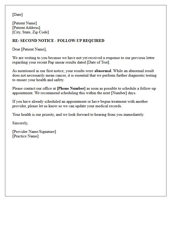 Abnormal Pap Smear Second Notice Follow-Up Letter