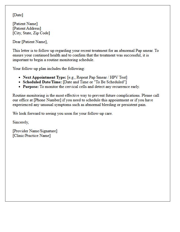 Post-Treatment Abnormal Pap Smear Monitoring Letter