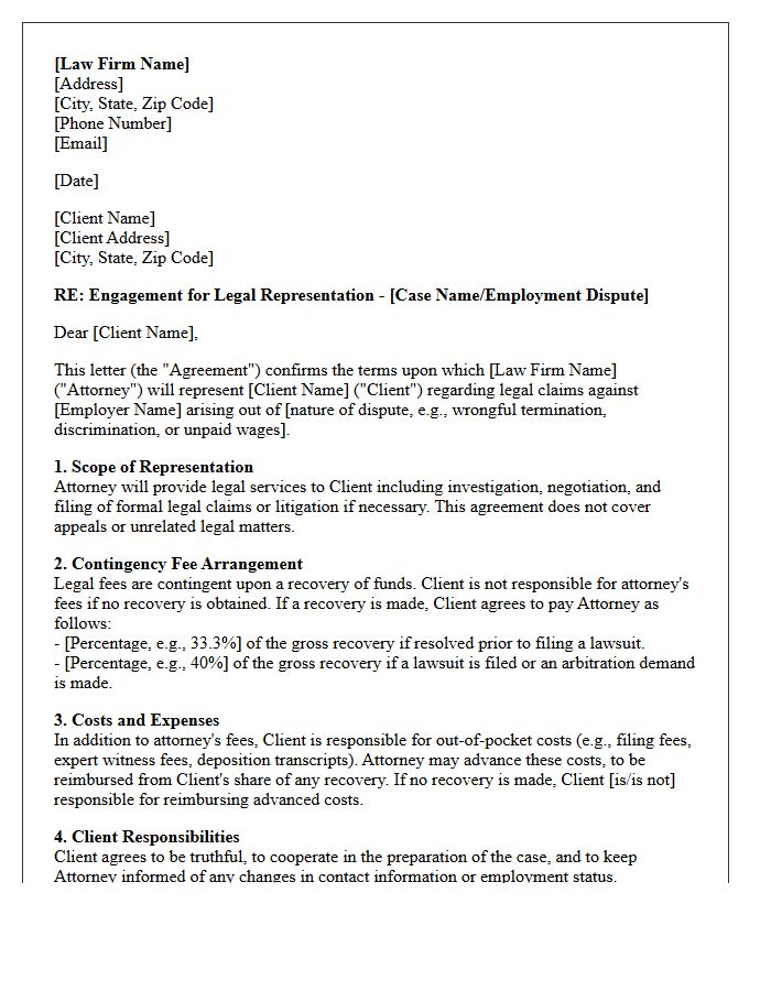 Employment Dispute Contingency Fee Representation Engagement Letter