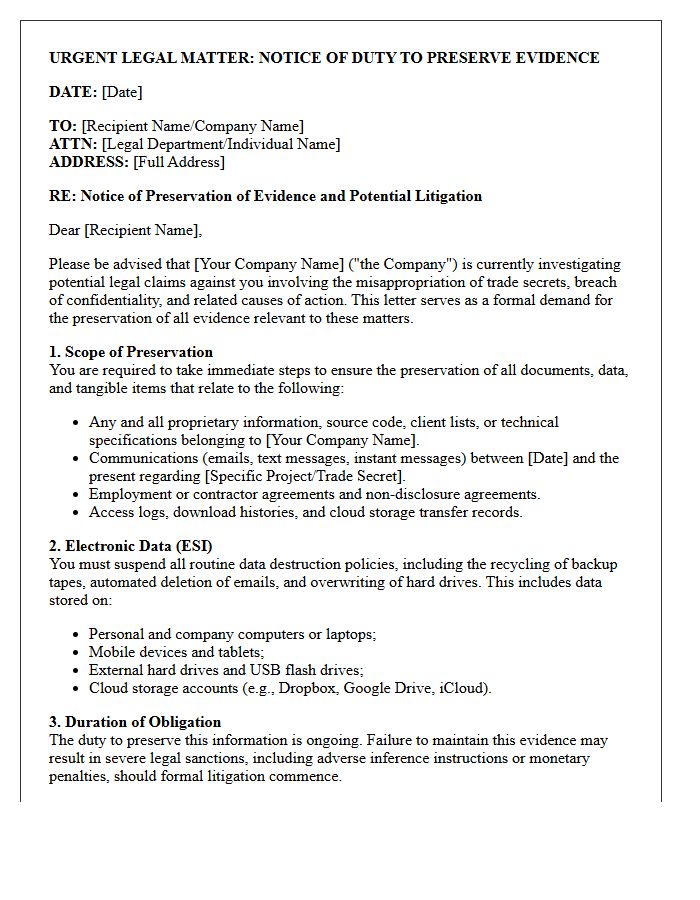 Pre-Litigation Trade Secret Evidence Preservation Advisory Letter