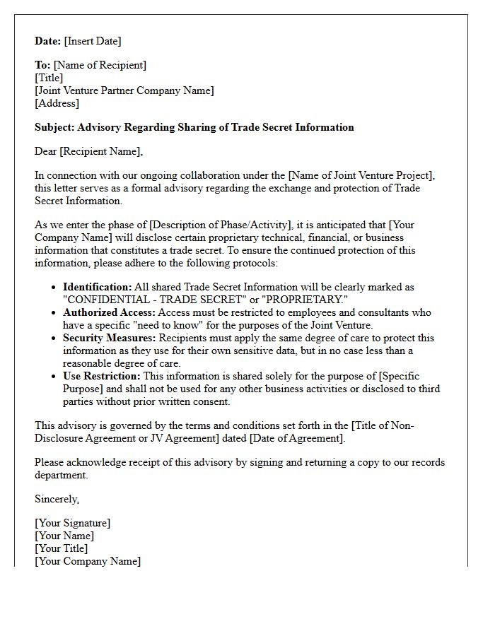 Joint Venture Trade Secret Information Sharing Advisory Letter