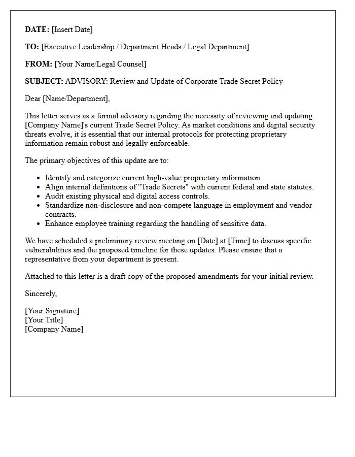 Corporate Trade Secret Policy Review and Update Advisory Letter