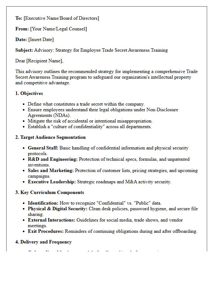 Employee Trade Secret Awareness Training Strategy Advisory Letter