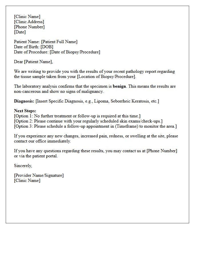 General Clinic Benign Pathology Confirmation Letter