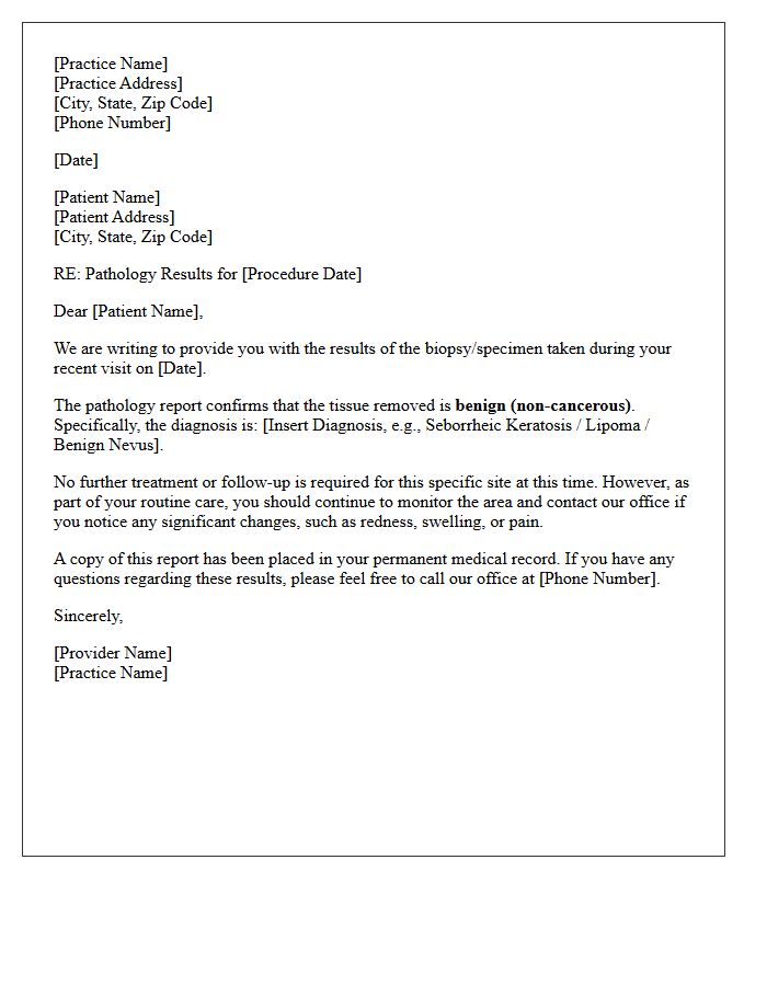 Routine Benign Specimen Pathology Results Letter
