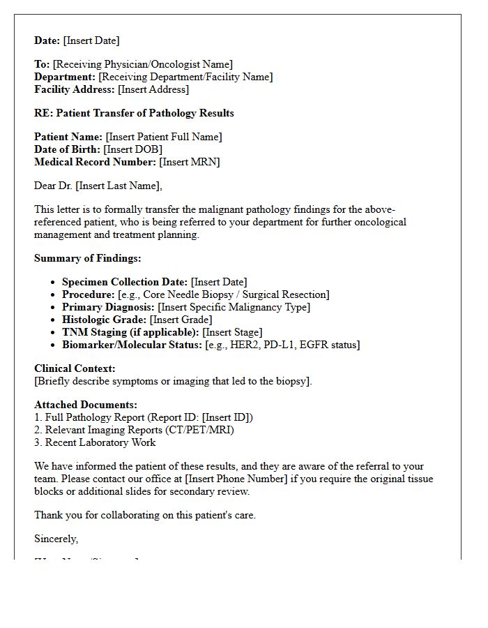 Oncology Department Malignant Pathology Results Transfer Letter