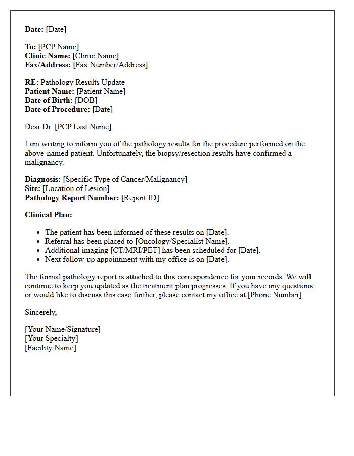 Primary Care Physician Malignant Pathology Results Update Letter