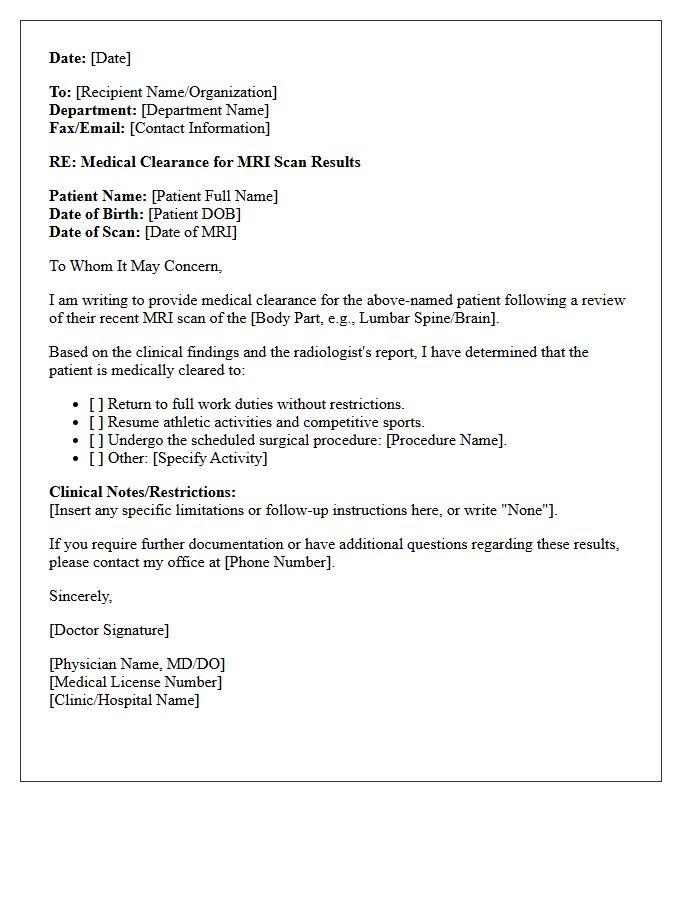 MRI Scan Results Medical Clearance Letter