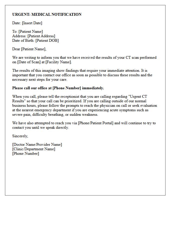 Urgent Abnormal CT Scan Results Notification Letter