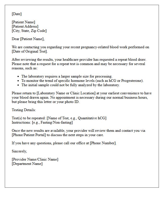 Repeat Draw Required Pregnancy Blood Test Results Letter