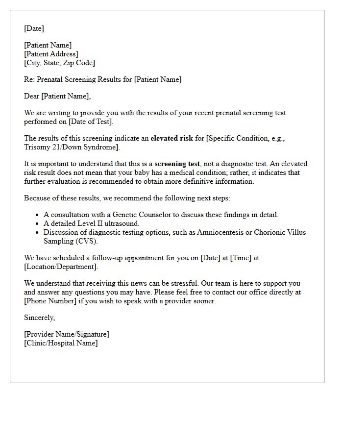Elevated Risk Prenatal Screening Results Letter
