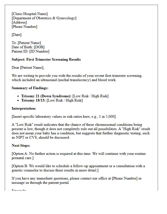 First Trimester Screening Results Letter