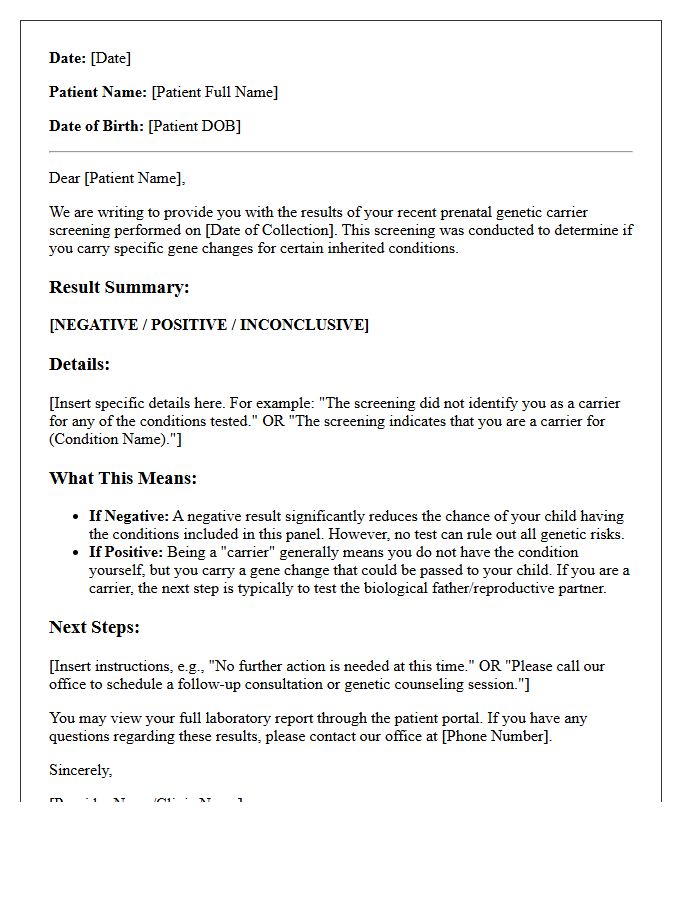 Prenatal Genetic Carrier Screening Results Letter