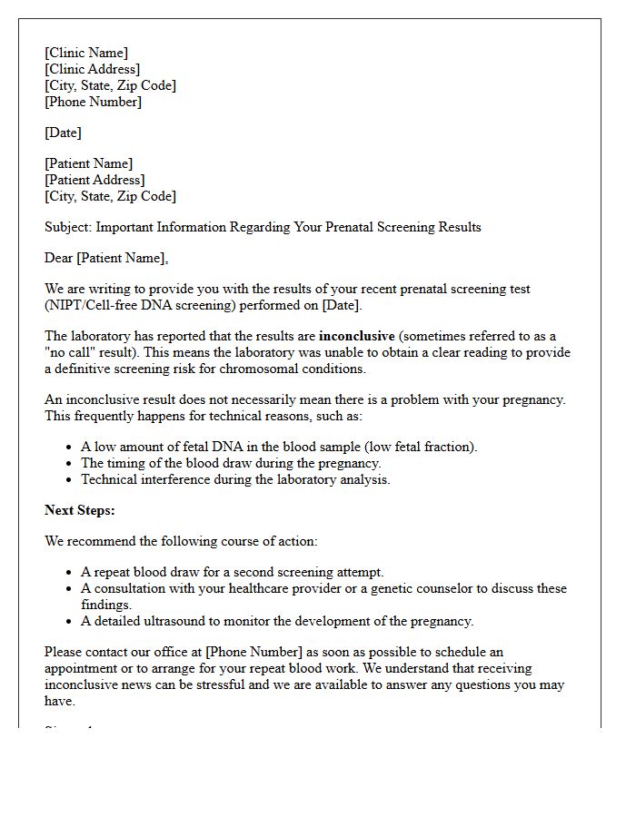 Inconclusive Prenatal Screening Results Letter