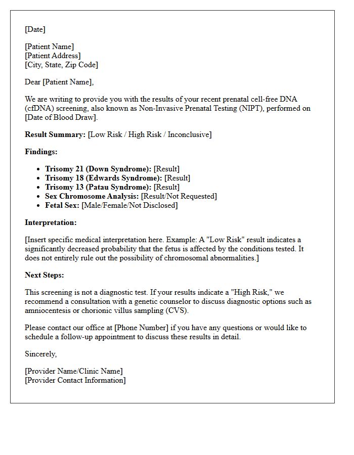 Prenatal Cell-Free DNA Screening Results Letter