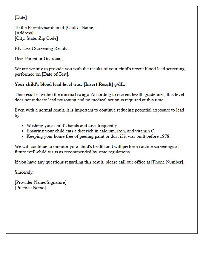 Normal Pediatric Lead Screening Results Letter