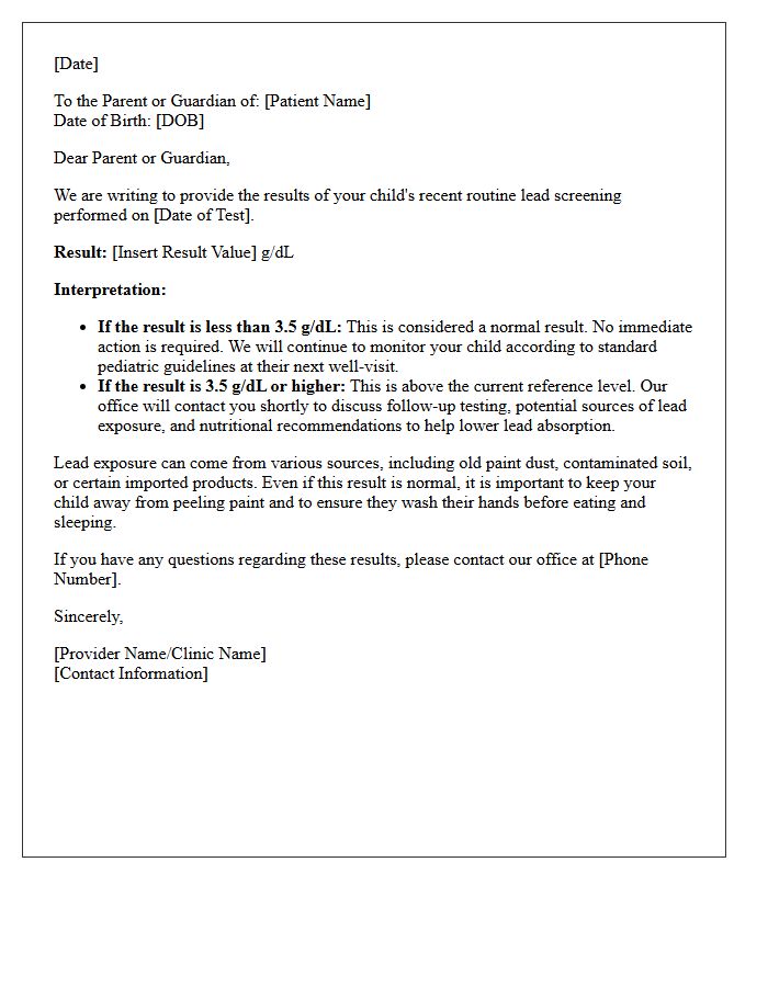 Routine Pediatric Lead Screening Results Letter