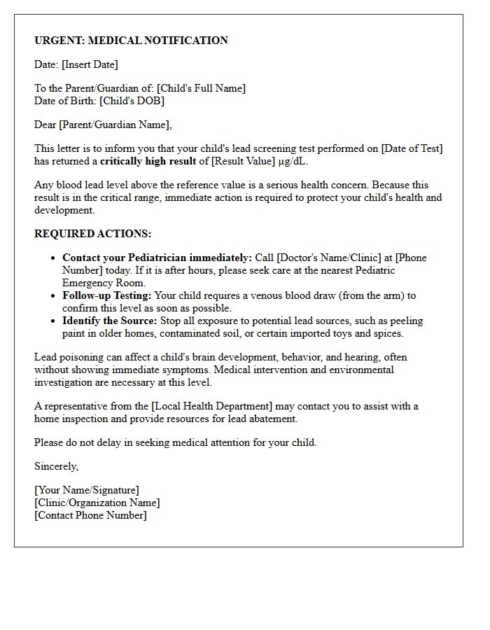 Critical Pediatric Lead Screening Results Notification Letter