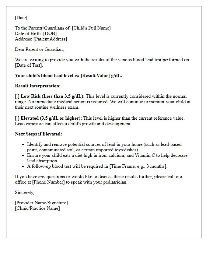 Pediatric Lead Screening Venous Blood Test Results Letter