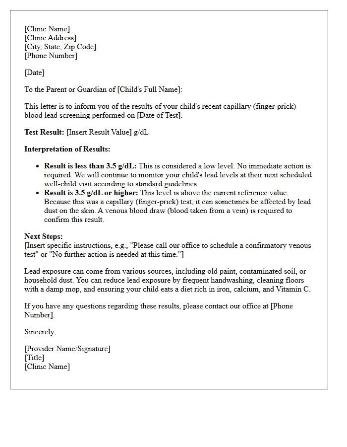 Pediatric Lead Screening Capillary Blood Test Results Letter