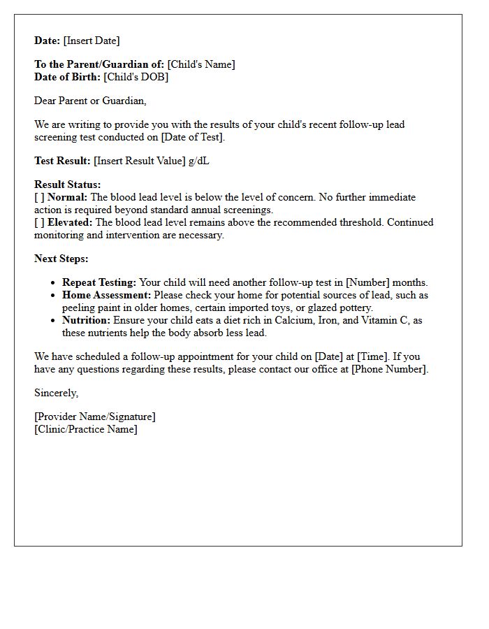 Follow-Up Pediatric Lead Screening Results Letter