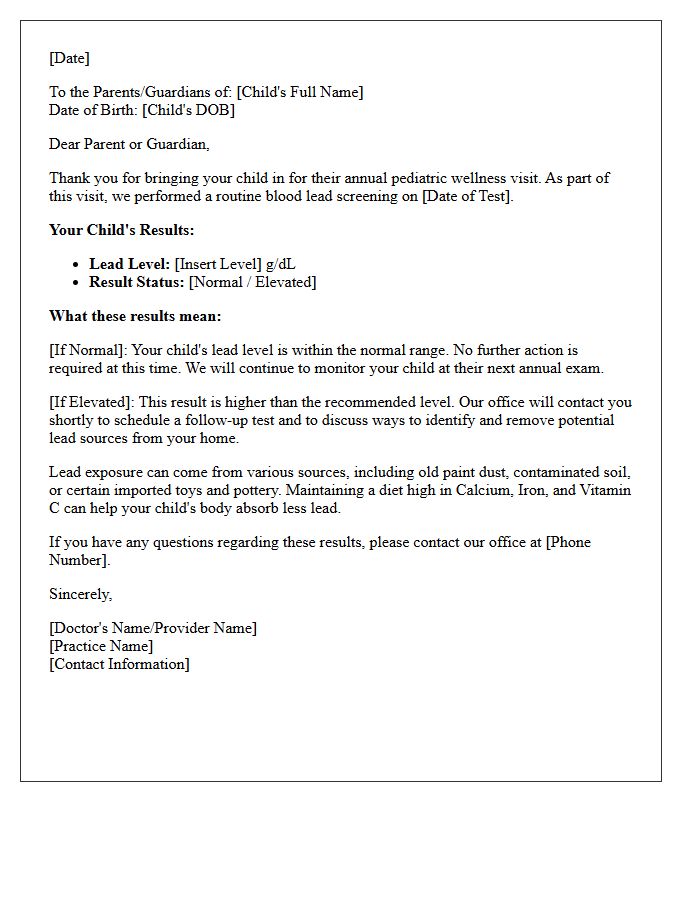 Annual Pediatric Lead Screening Results Letter