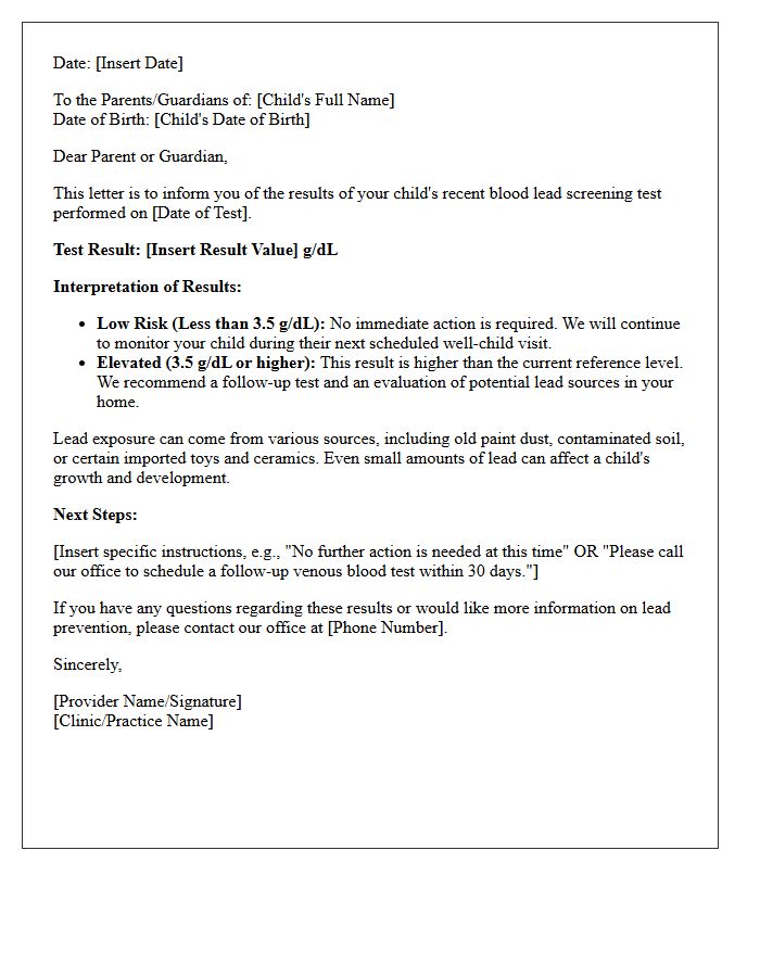 Toddler Pediatric Lead Screening Results Letter