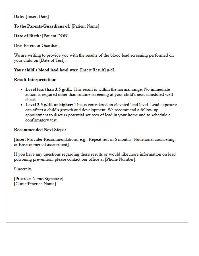 Infant Pediatric Lead Screening Results Letter
