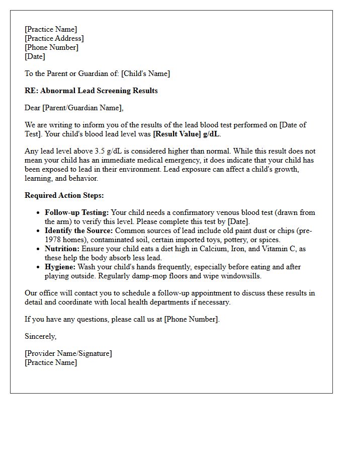 Abnormal Pediatric Lead Screening Results Action Letter