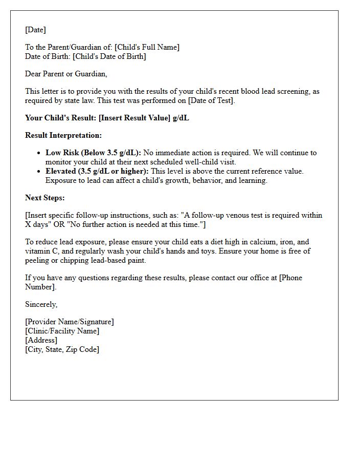 State-Mandated Pediatric Lead Screening Results Letter